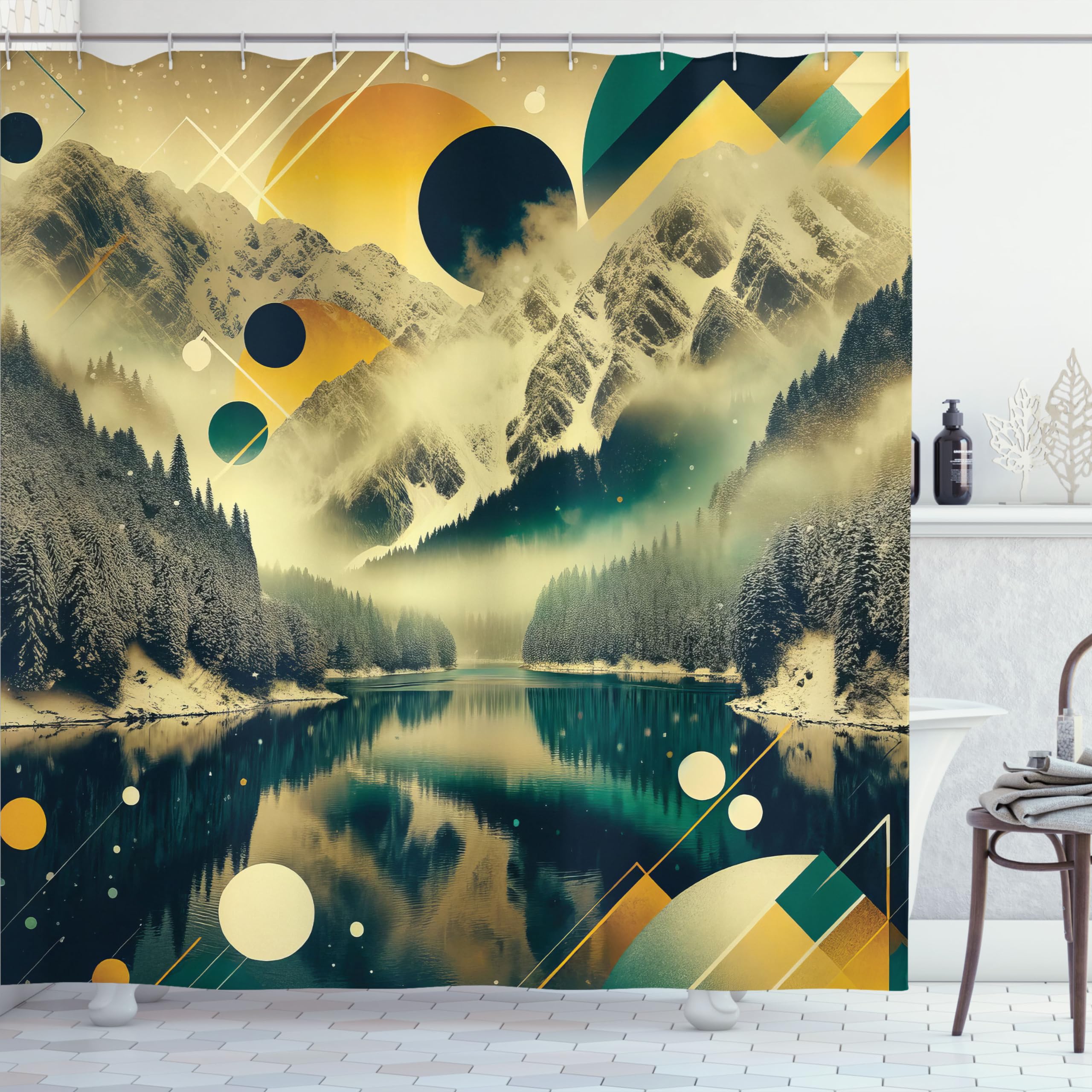 Ambesonne Lake Shower Curtain, Geometric Rounds And Triangles Ornate Misty Water Scene With Dark Woods, Cloth Fabric Bathroom De